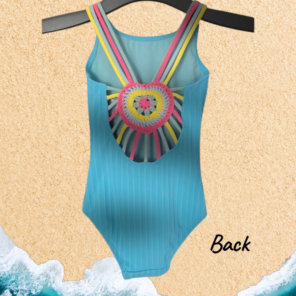 Breaking Waves Girls Light Blue One Piece Swimsuit XS 4/5 Crochet Heart NWOT